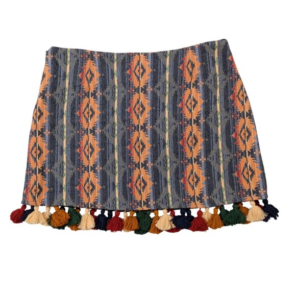 JUDITH MARCH Tassel Skirt L Aztec Southwestern Thick Cotton Multi-Colored - Picture 3 of 8